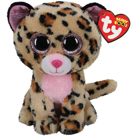 Plush toy leopard with a pink stomach, ears and eyes and Ty Beanie Boos tag on a white background