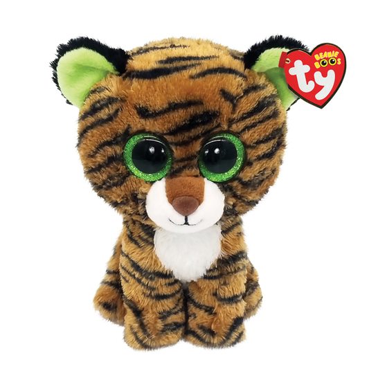 Plush tiger toy with green eyes and a Ty Beanie Boos tag on a transparent background