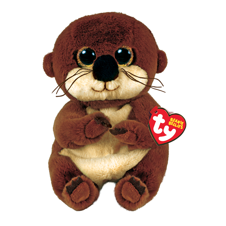 Plush toy otter with a Ty Beanie Bellies tag, on a white background