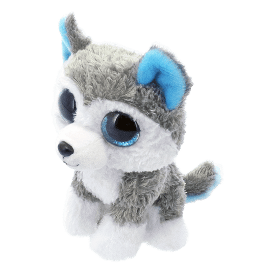 Side view of plush toy gray and white husky with blue eyes on a transparent background