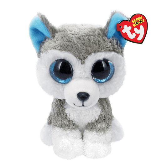Plush toy husky with blue eyes and gray and white fur, featuring a Ty Beanie Boos tag.