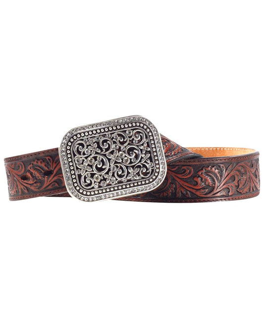 Ariat Women's Tooled Leather Belt with Ornate Silver Buckle
