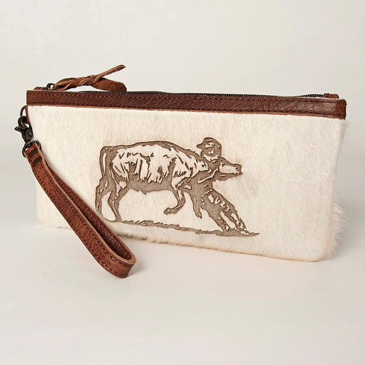 American Darling Hair-On Hide Rodeo Wristlet Clutch with Cowboy Wrestling Engraving