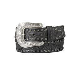 Angel Ranch Ladies 1 1/2" Floral Embossed Gun Metal Diamond Black Belt