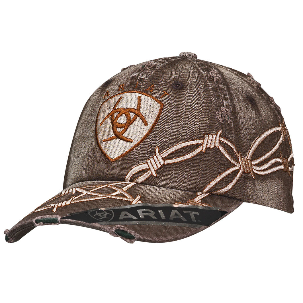 Distressed brown cap with barbwire design and an Ariat logo, on a white background