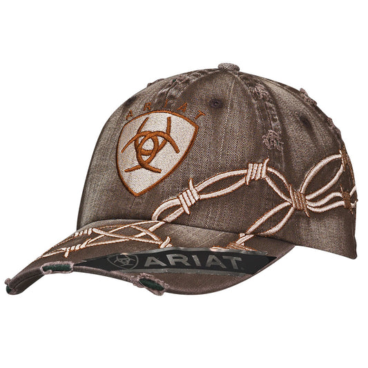 Distressed brown cap with barbwire design and an Ariat logo, on a white background