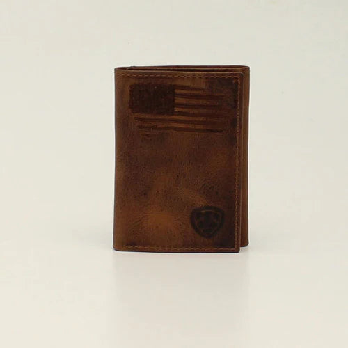 Ariat Distressed Stitched USA Flag Shield Logo Trifold Wallet