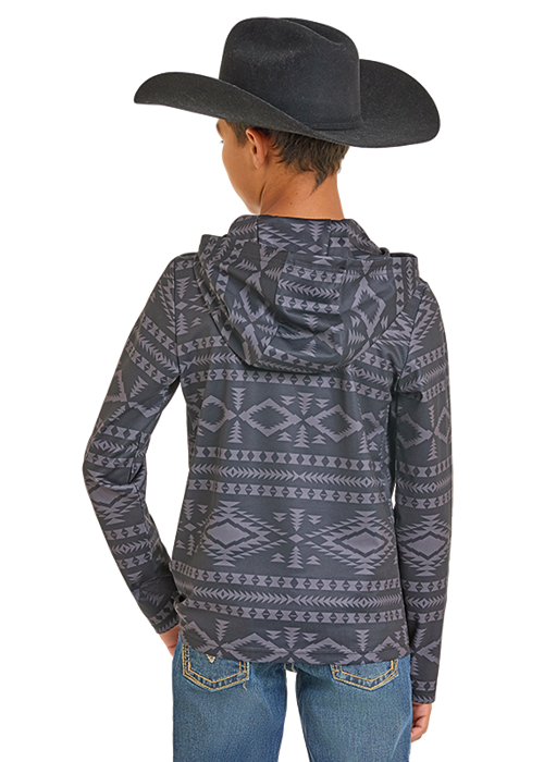 Back view of boy wearing a black Aztec patterned hoodie and cowboy hat on a white background