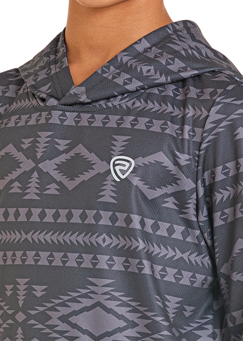 Close-up of a black, Aztec patterned hoodie with a Rock & Roll Denim logo on a white background