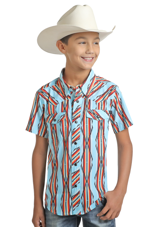 Rock & Roll Denim Boy's Tek Turquoise Aztec Snap Shirt