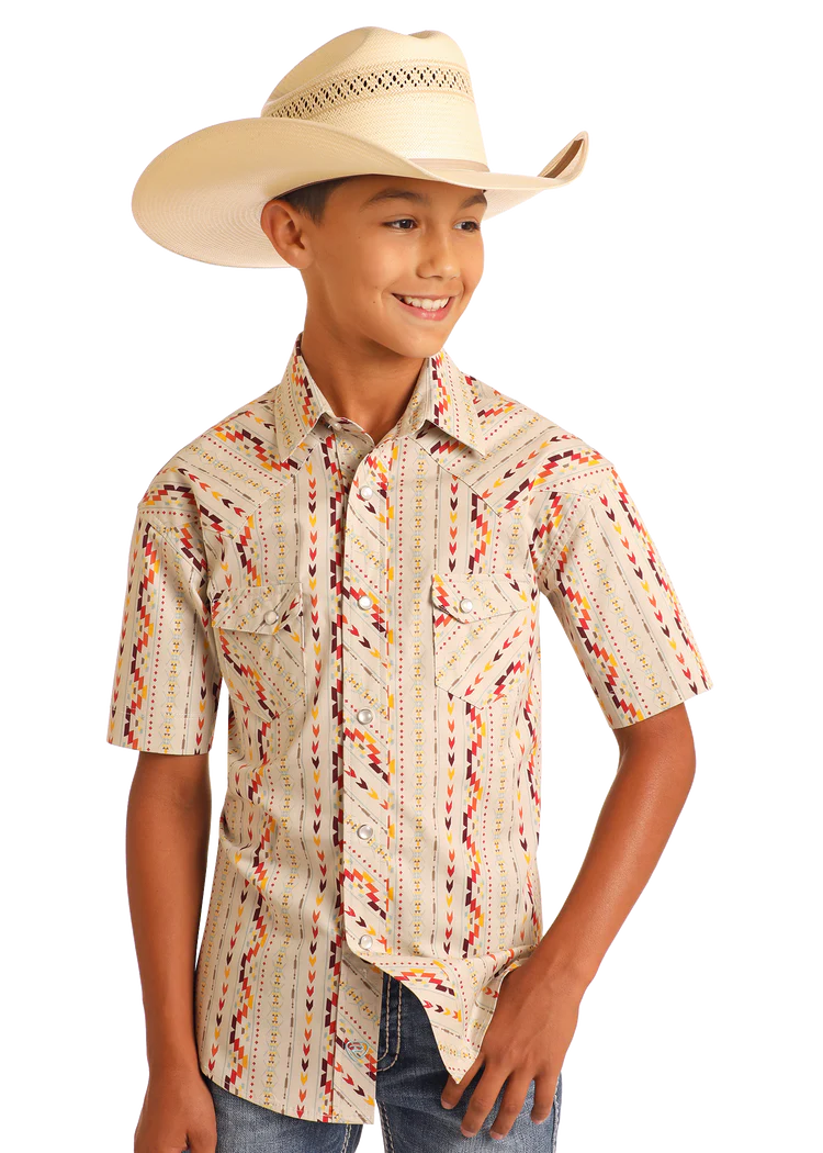 Rock & Roll Boys' Vertical Aztec Short Sleeve Snap Shirt