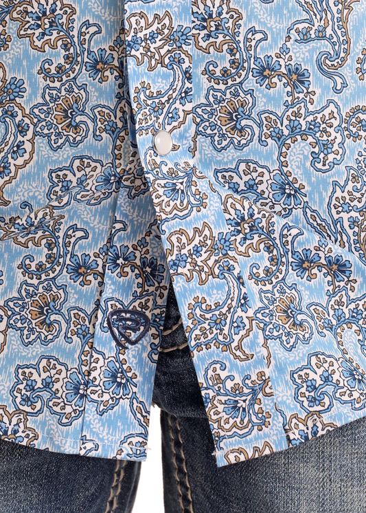 Rock & Roll Boys' Blue Paisley Short Sleeve Snap Shirt
