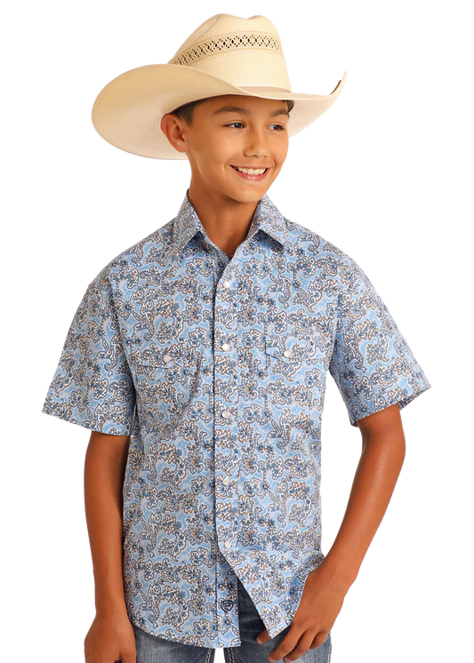 Rock & Roll Boys' Blue Paisley Short Sleeve Snap Shirt