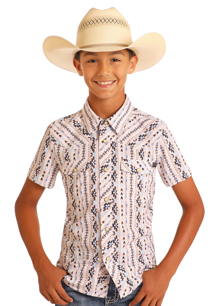 Rock & Roll Boys' TEK Western Striped Aztec Short Sleeve Shirt