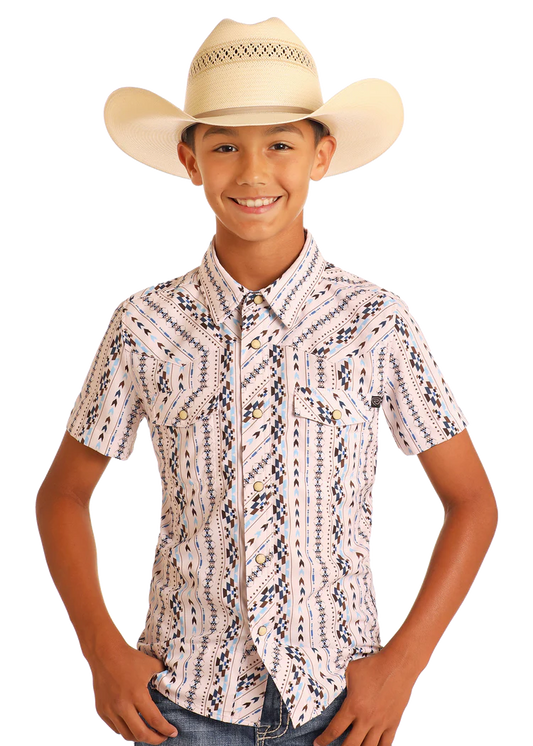 Rock & Roll Boys' TEK Western Striped Aztec Short Sleeve Shirt