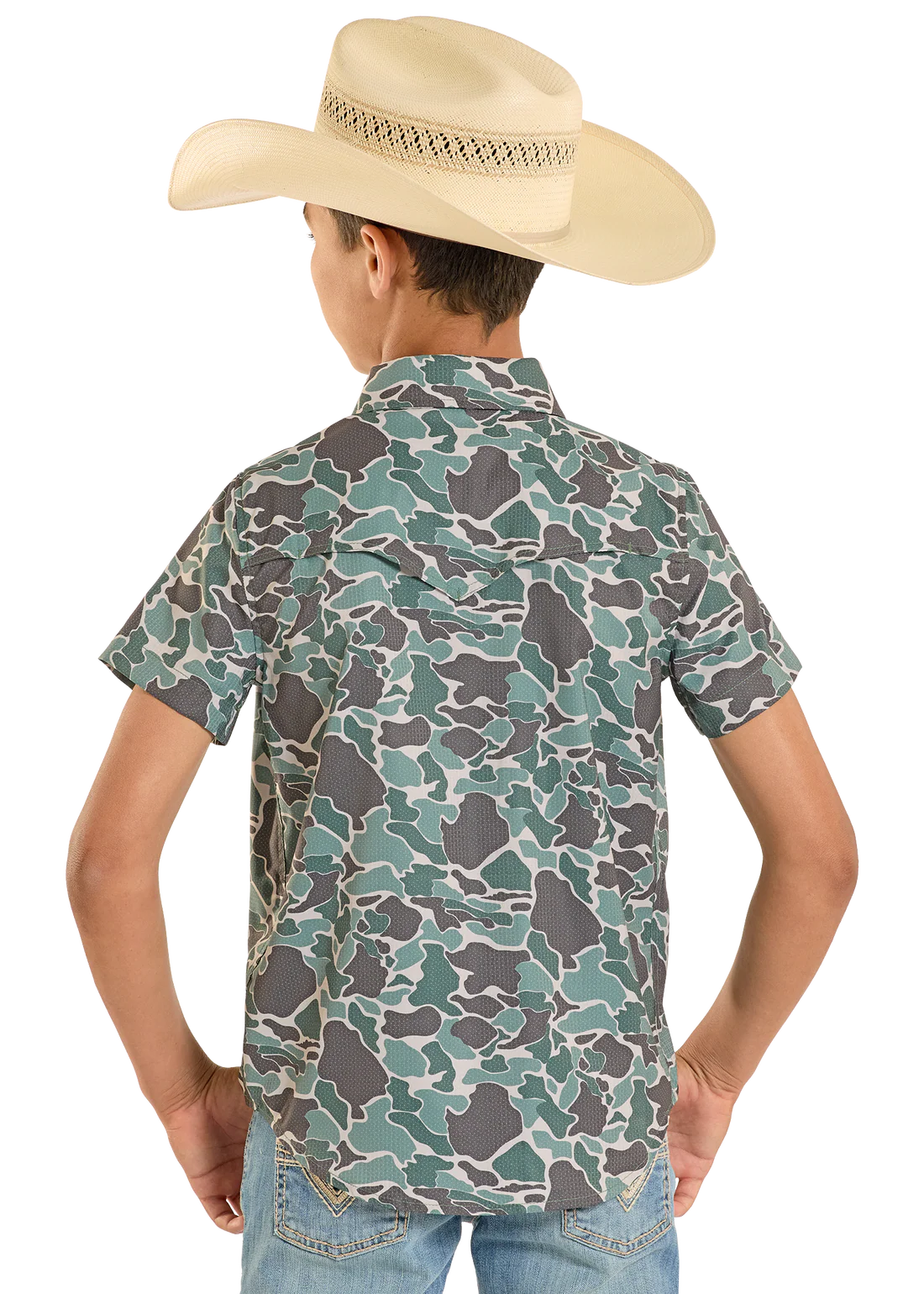 Rock & Roll Denim Boys' TEK Western Green Camo Short Sleeve Shirt