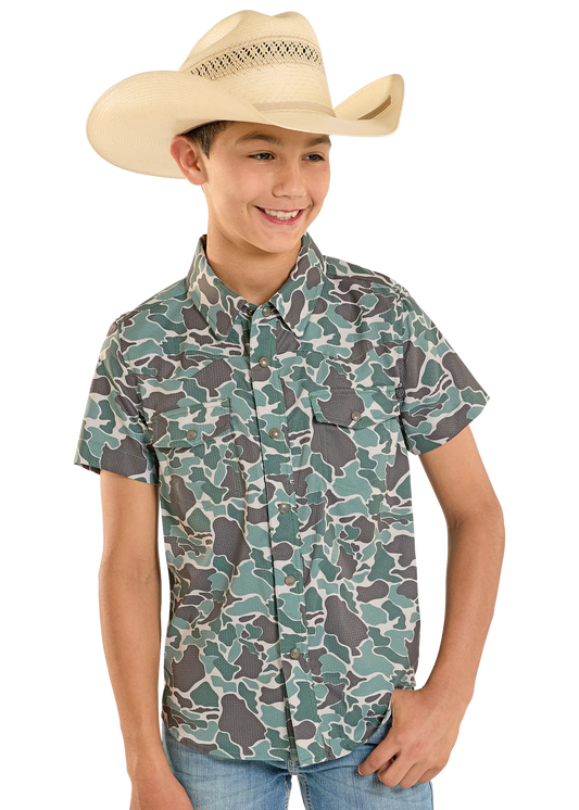 Rock & Roll Denim Boys' TEK Western Green Camo Short Sleeve Shirt