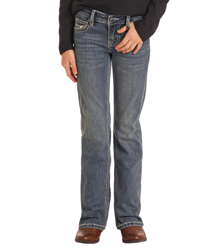 Rock & Roll Denim Girls' Mid-Rise Extra Stretch Cowhide Stitch Bootcut Jeans