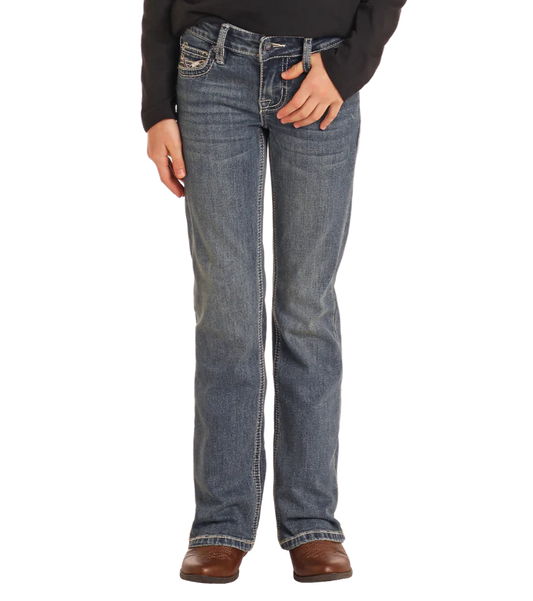 Rock & Roll Denim Girls' Mid-Rise Extra Stretch Cowhide Stitch Bootcut Jeans