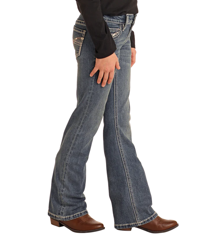Rock & Roll Denim Girls' Mid-Rise Extra Stretch Cowhide Stitch Bootcut Jeans