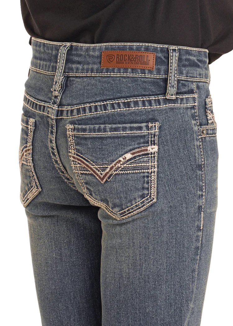 Rock & Roll Denim Girls' Mid-Rise Extra Stretch Cowhide Stitch Bootcut Jeans