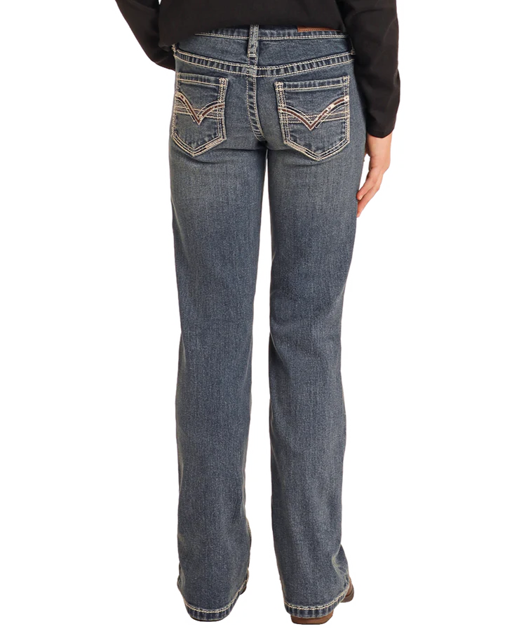 Rock & Roll Denim Girls' Mid-Rise Extra Stretch Cowhide Stitch Bootcut Jeans
