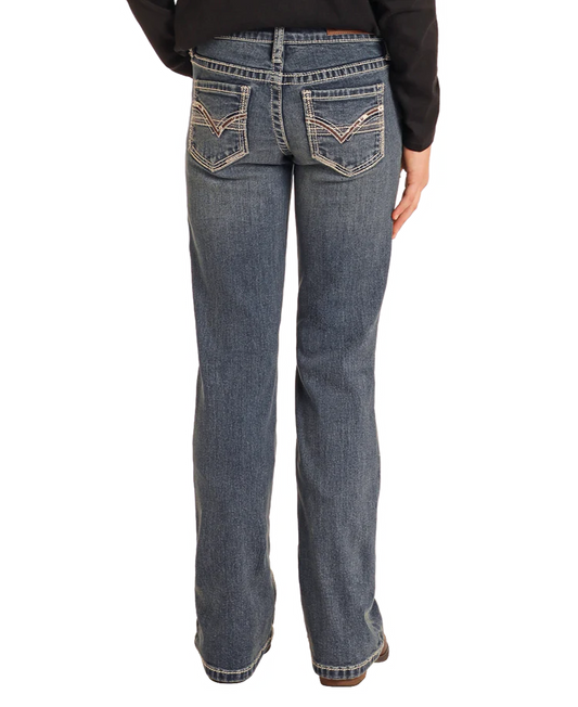Rock & Roll Denim Girls' Mid-Rise Extra Stretch Cowhide Stitch Bootcut Jeans
