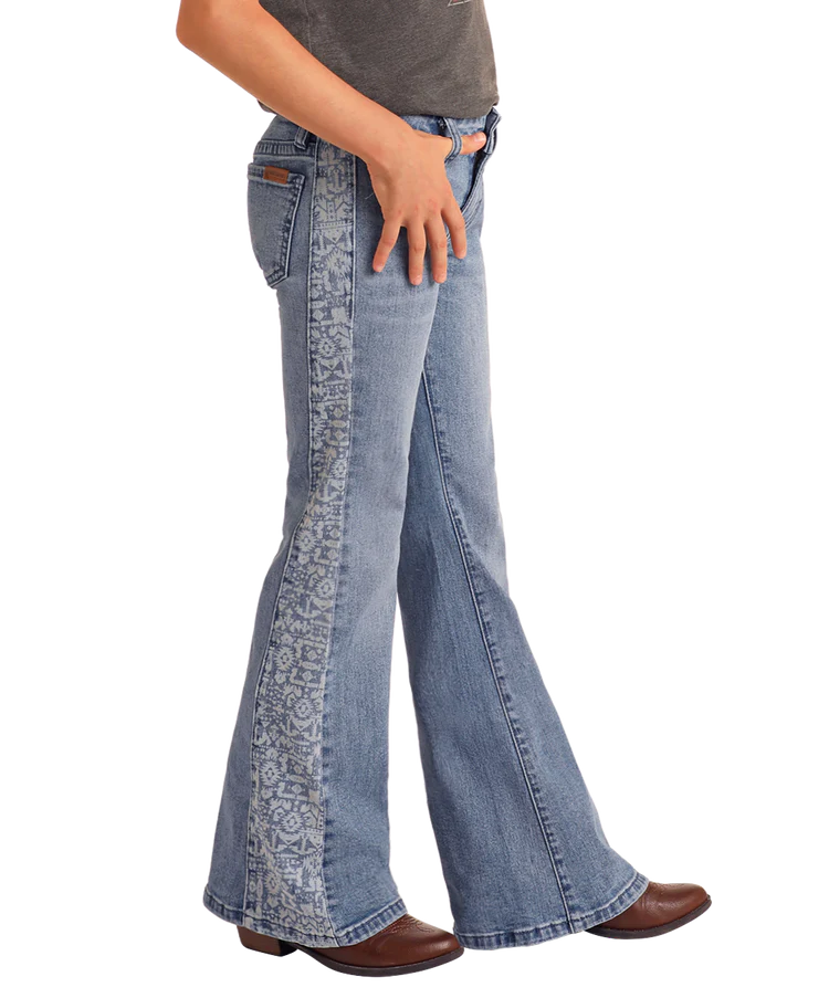 Rock & Roll Girls' Aztec Panel Button Flare Jeans