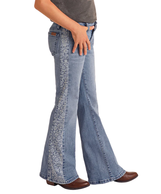 Rock & Roll Girls' Aztec Panel Button Flare Jeans