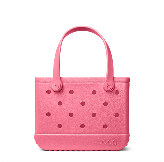 Pink shimmer bogg bag with branding on a white background