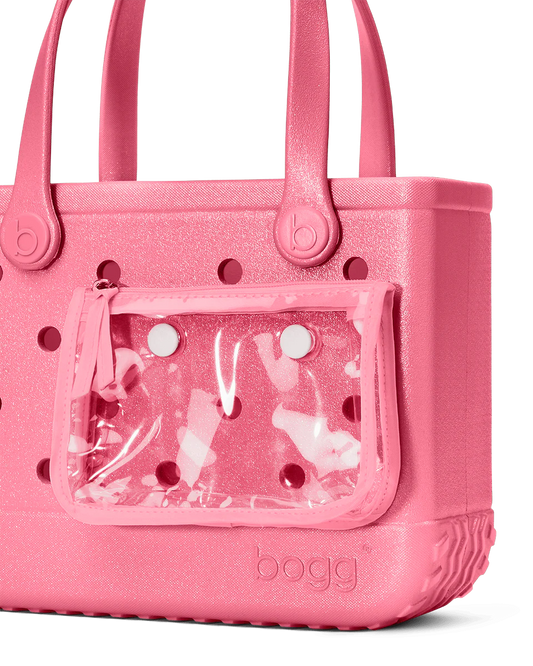 Pink bogg bag with clear pouch on a white background