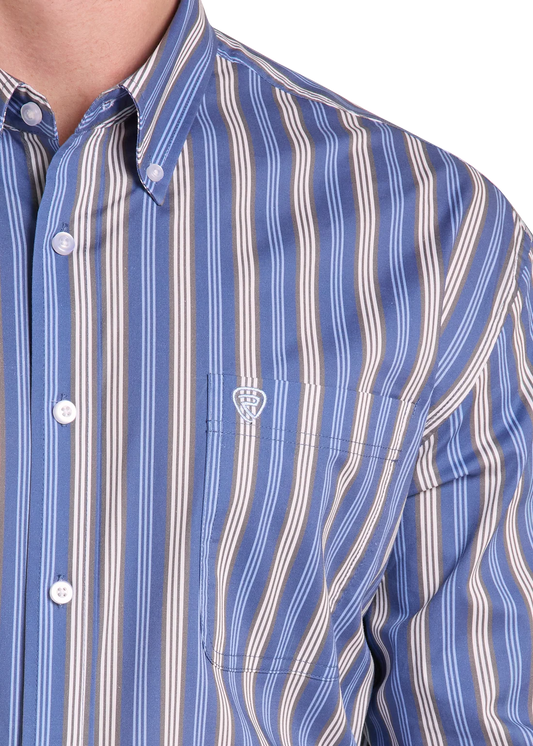 Blue Stripe Print Long Sleeve Button Shirt