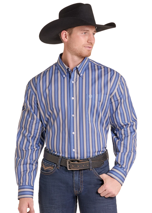 Blue Stripe Print Long Sleeve Button Shirt