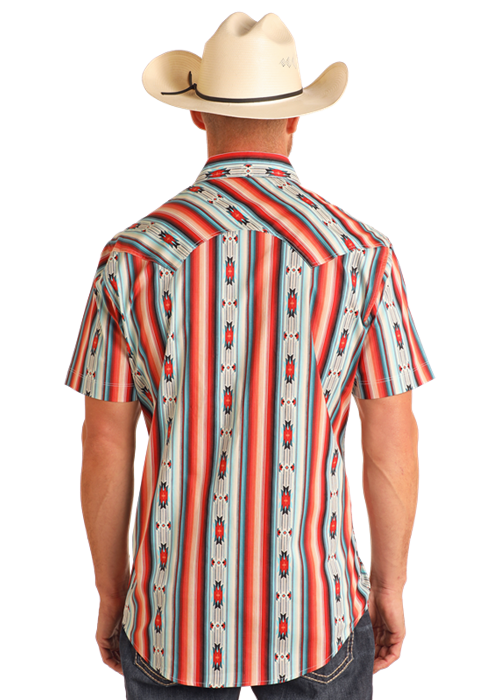 Rock & Roll Aztec Stripe Print Short Sleeve Snap Shirt