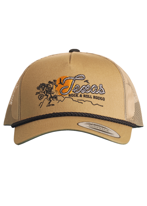 Khaki trucker hat with 'Texas Rock & Roll Rodeo' logo on a white background