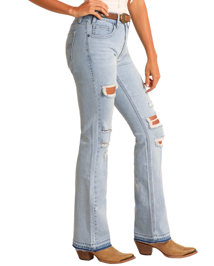 Rock & Roll High Rise Light Wash Distressed Bootcut Jeans
