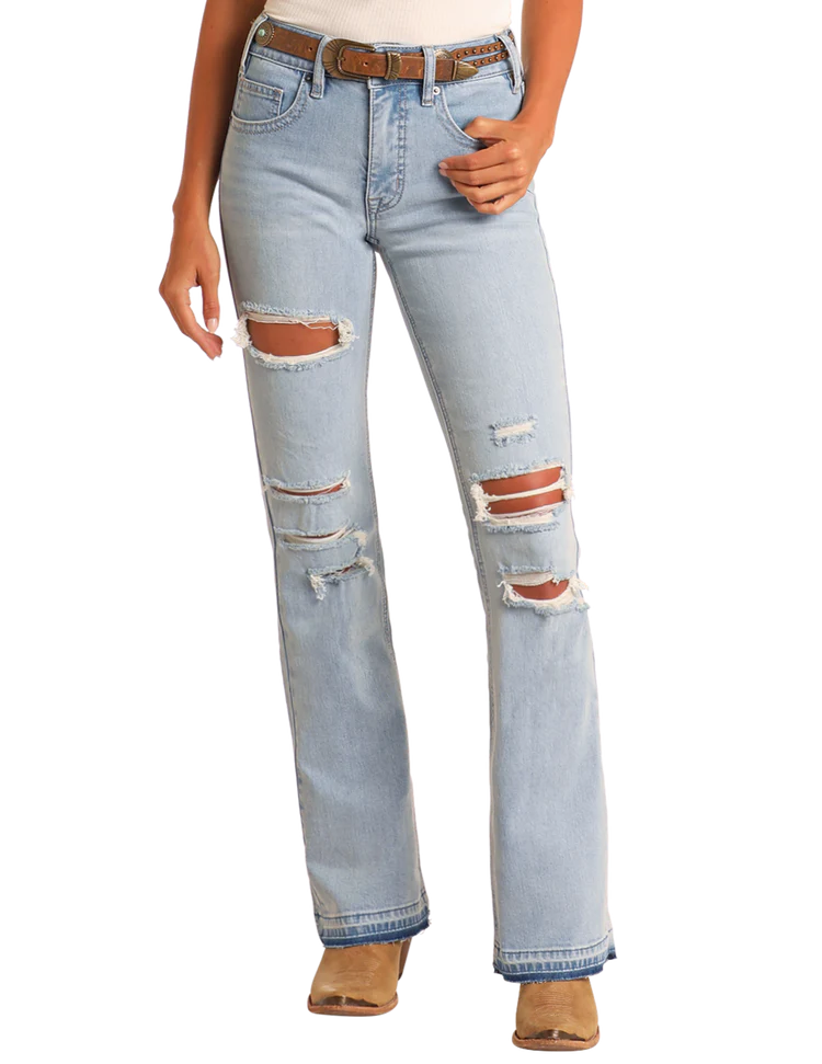 Rock & Roll High Rise Light Wash Distressed Bootcut Jeans