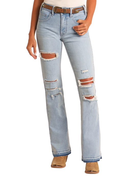 Rock & Roll High Rise Light Wash Distressed Bootcut Jeans