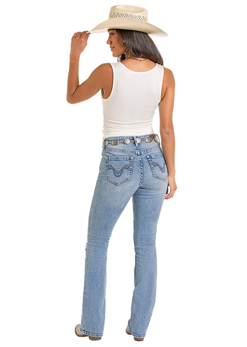 Rock & Roll Medium Wash Distressed Bootcut High Rise Jeans