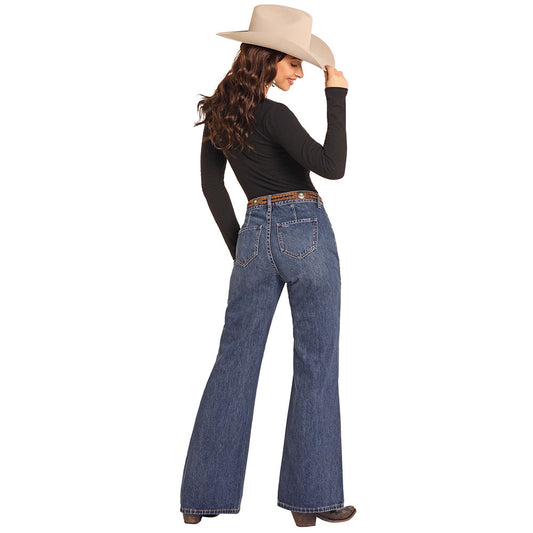 Rock & Roll Denim High Rise Patched Distressed Wide Leg Flare Jean