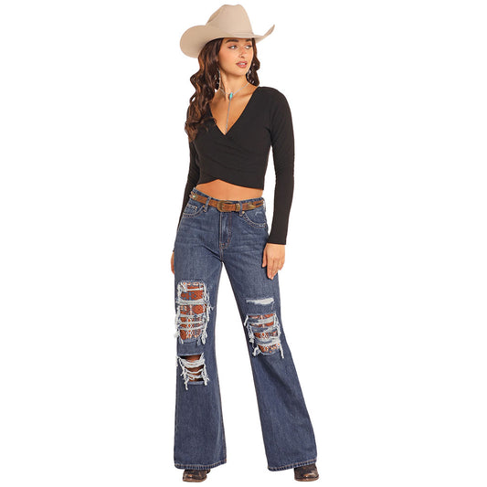 Rock & Roll Denim High Rise Patched Distressed Wide Leg Flare Jean