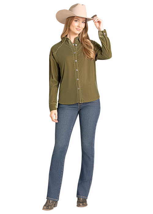Rock & Roll Velvet Button-Down Blouse in Olive
