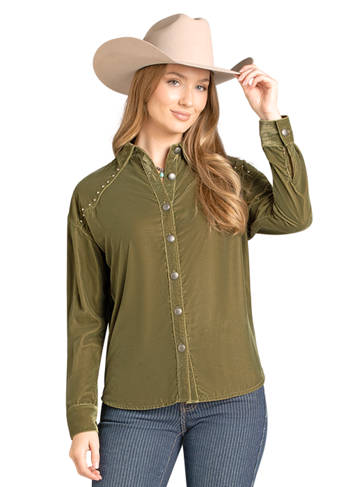 Rock & Roll Velvet Button-Down Blouse in Olive
