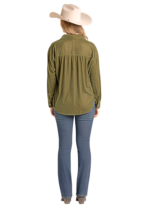 Rock & Roll Velvet Button-Down Blouse in Olive