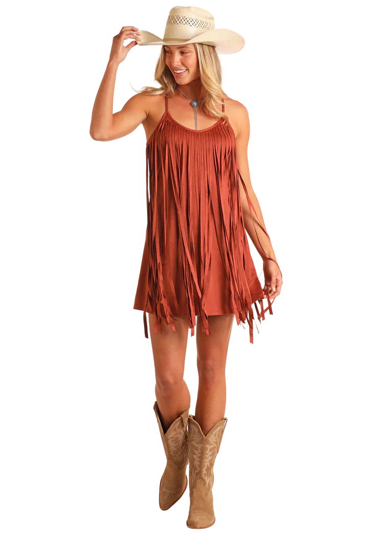 Rock & Roll Microsuede Fringe Dress in Camel
