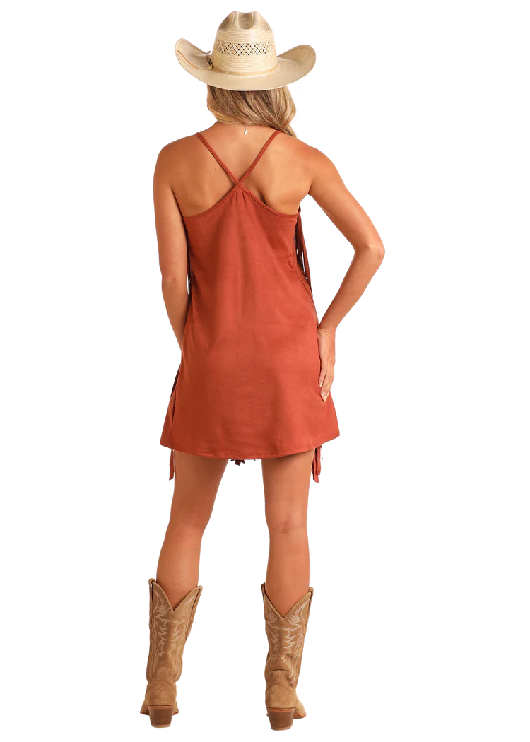 Rock & Roll Microsuede Fringe Dress in Camel