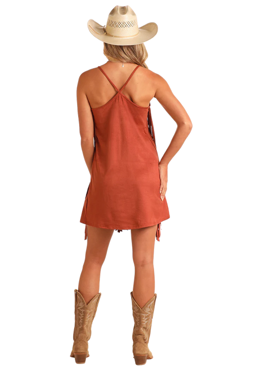 Rock & Roll Microsuede Fringe Dress in Camel