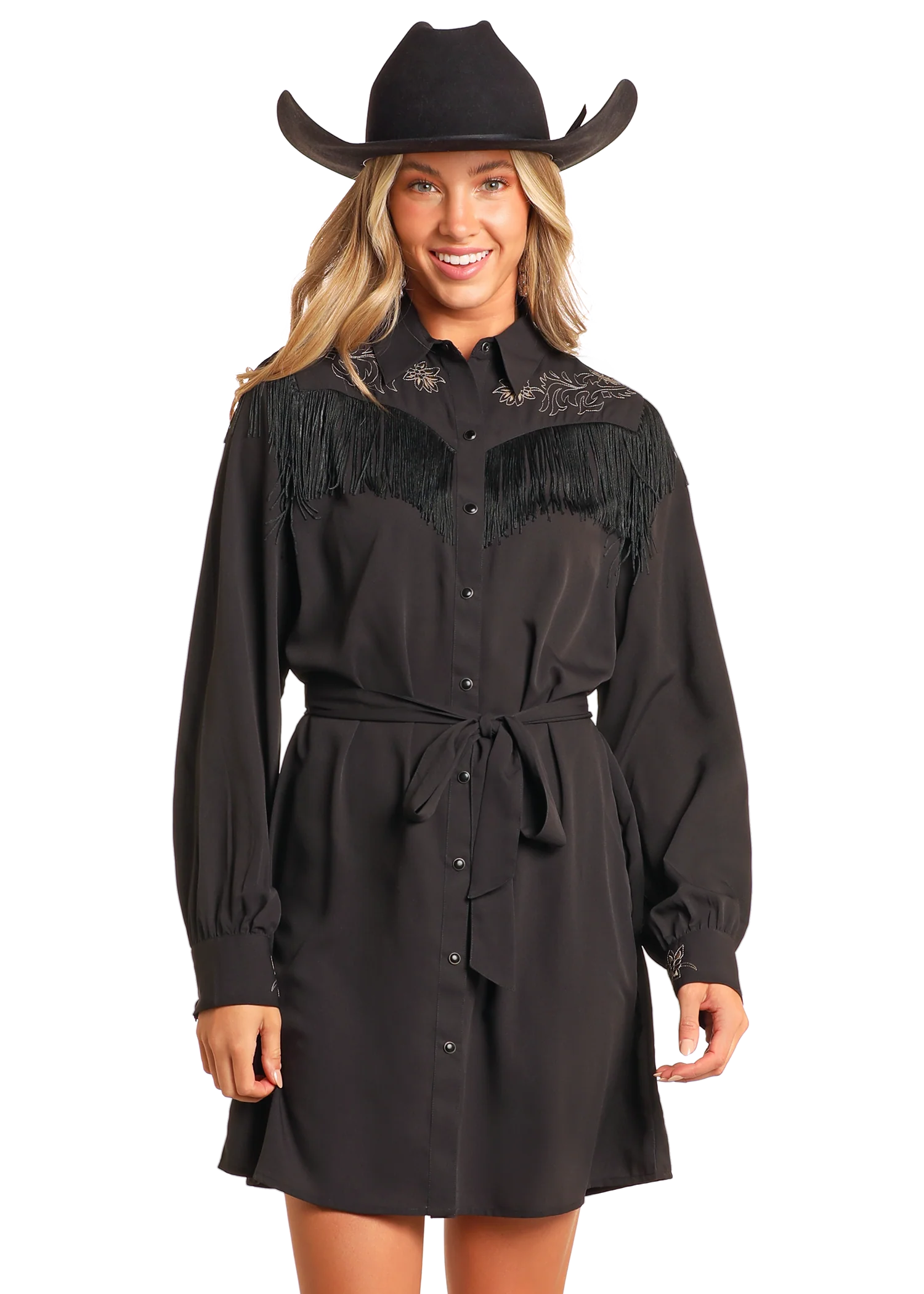 Rock & Roll Denim Black Embroidered Dress with Fringe M