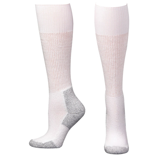 A pair of white over the calf socks with reinforced padding at the heel and toe areas.
