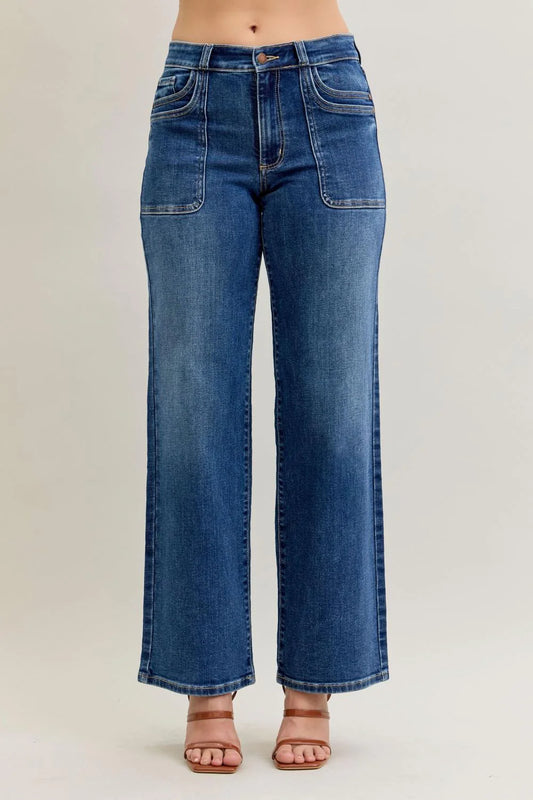 Judy Blue Mid Rise 90's Straight Front Patch Jeans